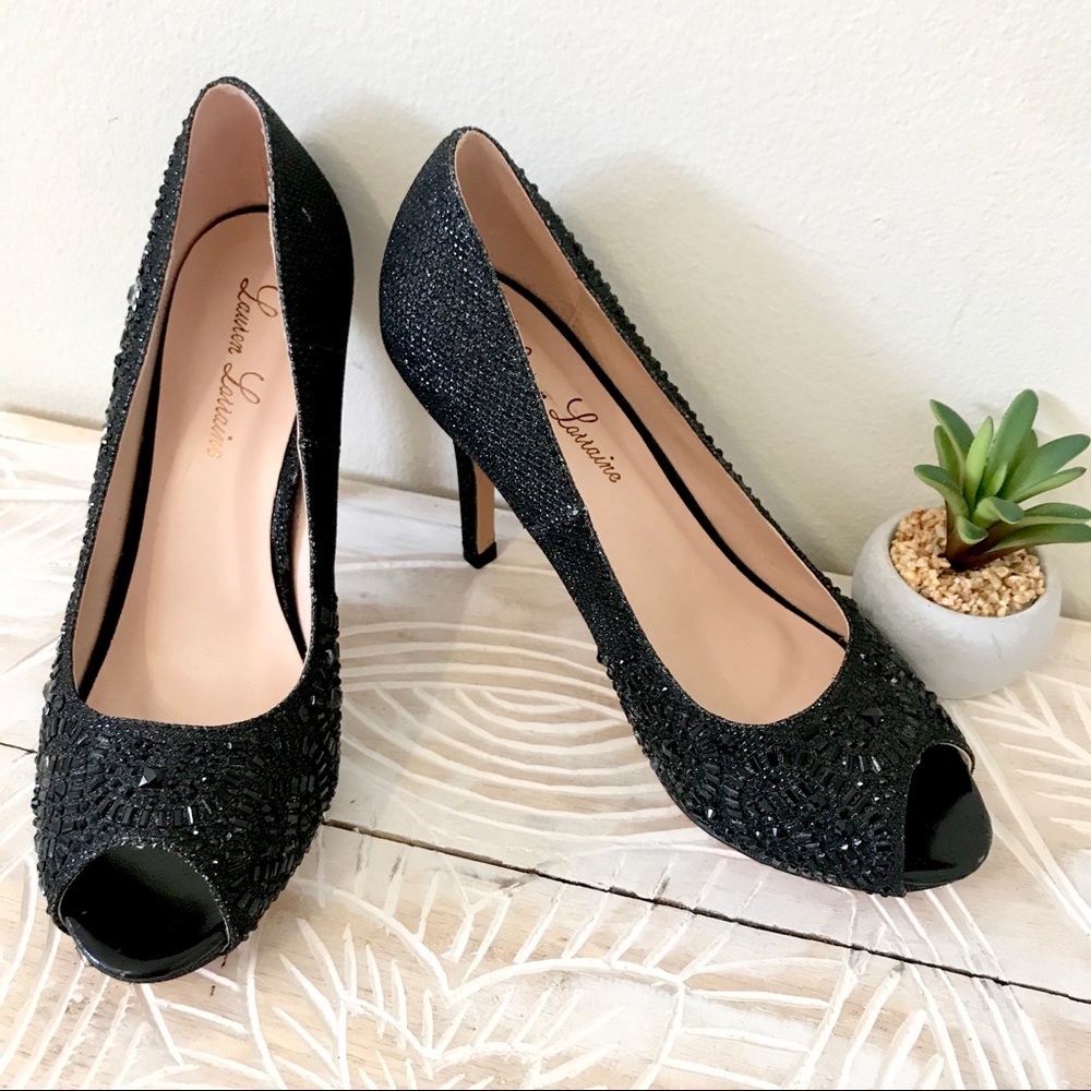 Lauren Lorraine Black Rhinestone Pumps 7.5 Peeptoe